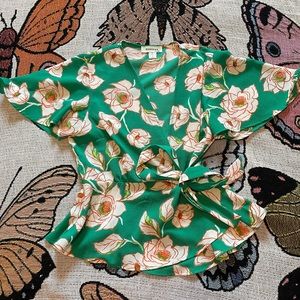 Monteau Los Angeles Green Floral Wrap Blouse